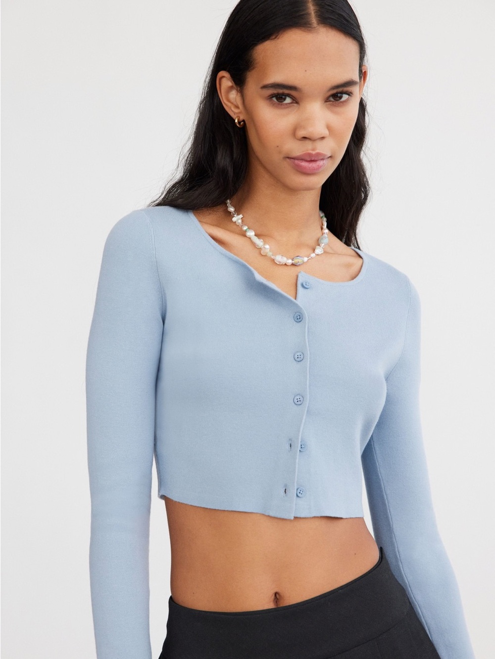 Forever 21 Pale Blue Cropped Button-Front Long Sleeve Top